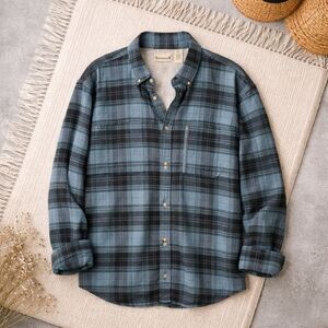 Men's Large Backpacker Blue/Black Plaid Stretch Flannel Button-Down Shirt